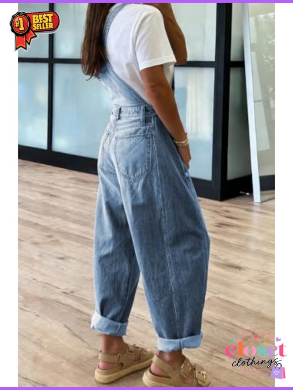Women's Baggy Denim Overalls Adjustable Strap Wide Leg Barrel Jeans Jumpsuit - Picture 2 of 2